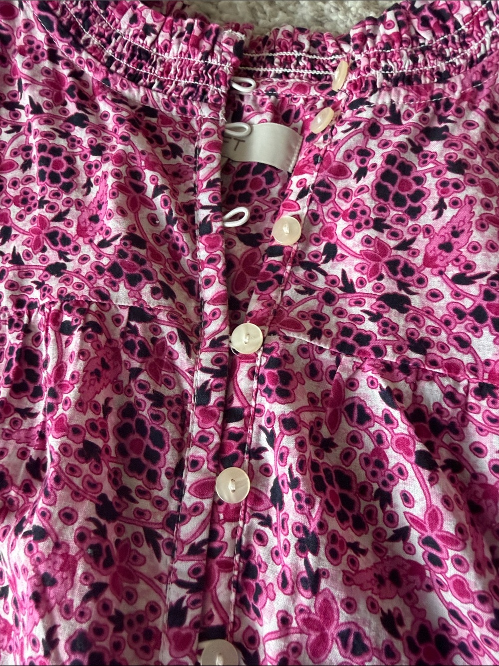 LOFT Pink Floral Henley Blouse with Smocked Cuffs - Picture 3 of 6